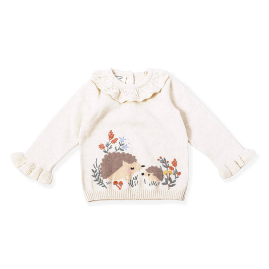 Hedgehog & Pointelle Collar Sweater Pullover (Organic Cotton)