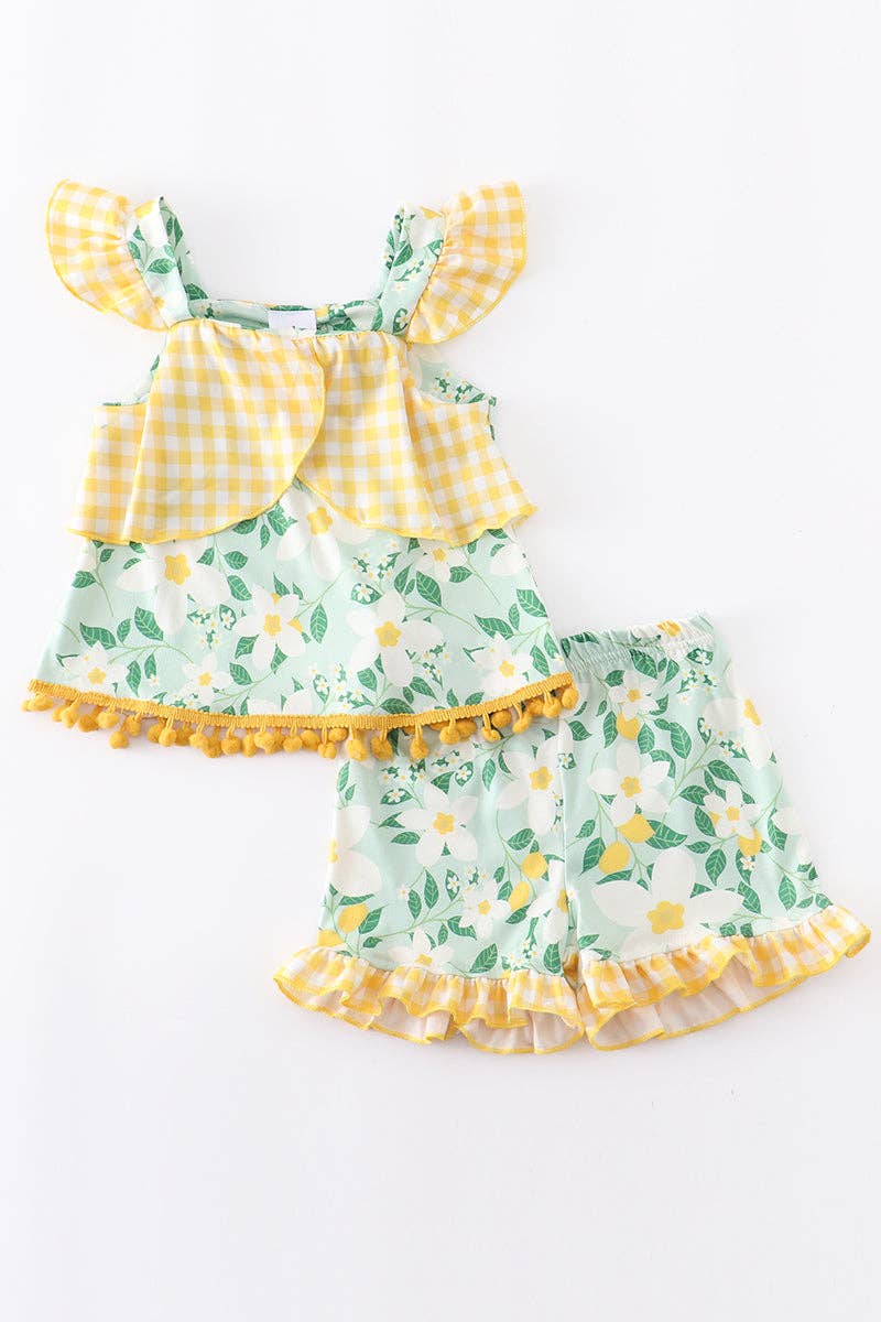 Yellow Gingham with Floral Accents Ruffle Shorts set